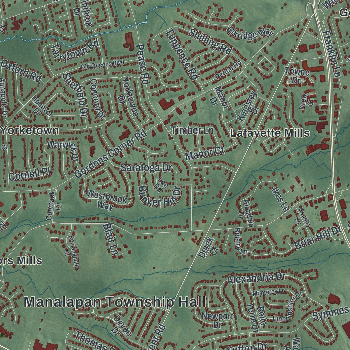 Close-up of the map of Manalapan, New Jersey print showing street and building detail