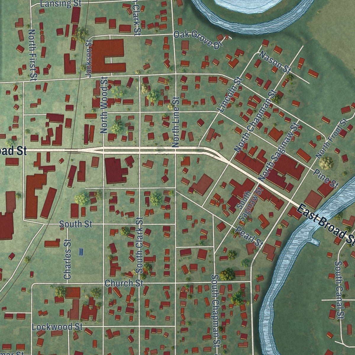 Close-up of the map of Chesaning, Michigan print showing street and building detail