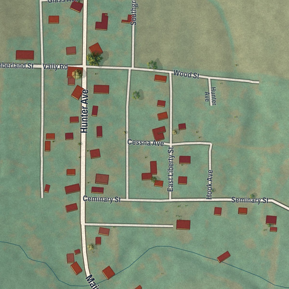 Close-up of the map of Rainsburg, Pennsylvania print showing street and building detail