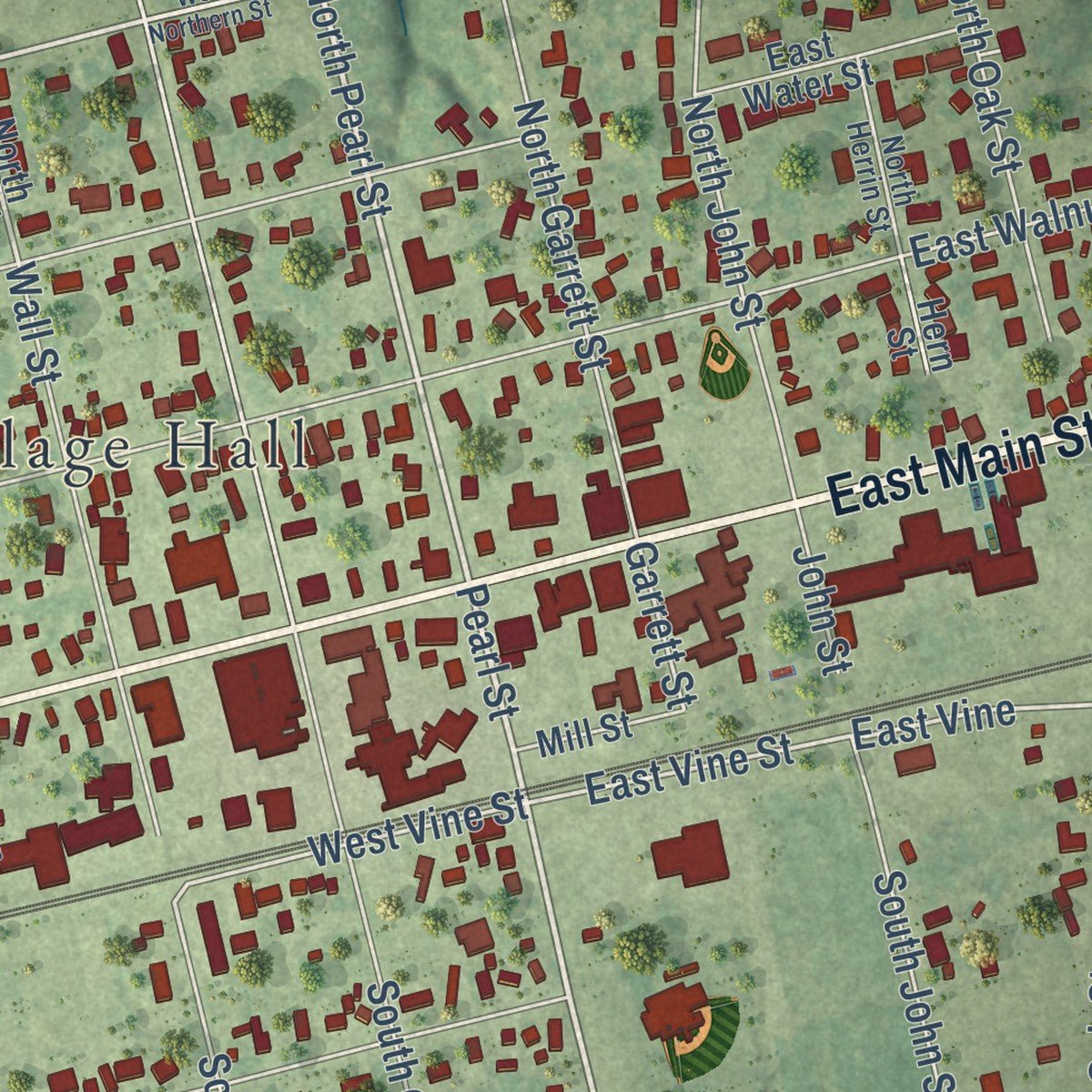 Close-up of the map of Teutopolis, Illinois print showing street and building detail