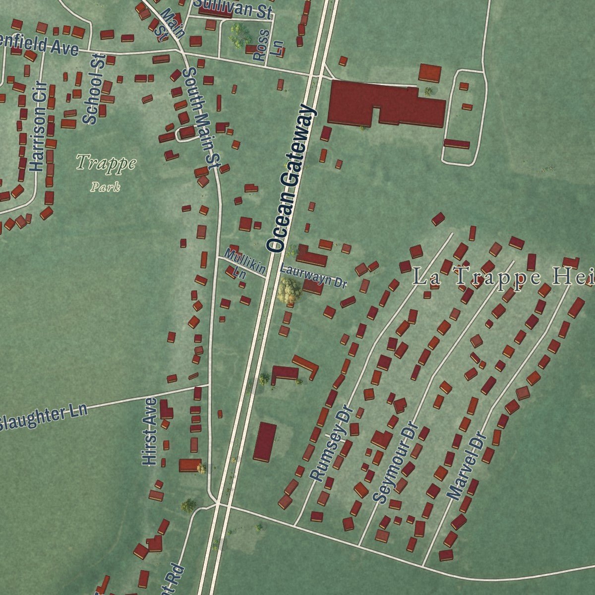 Close-up of the map of Trappe, Maryland print showing street and building detail