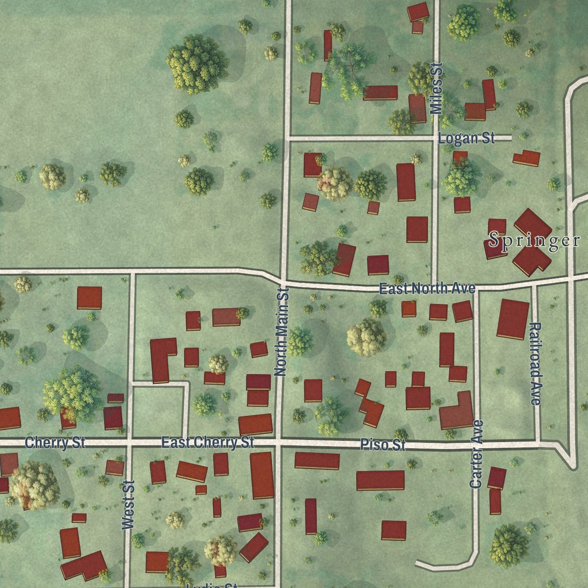 Close-up of the map of Springerton, Illinois print showing street and building detail