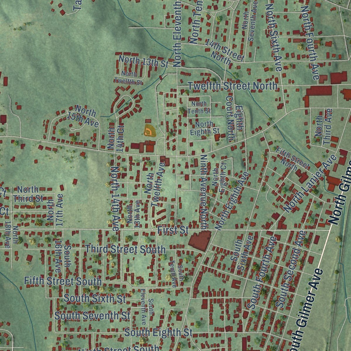 Close-up of the map of Lanett, Alabama print showing street and building detail