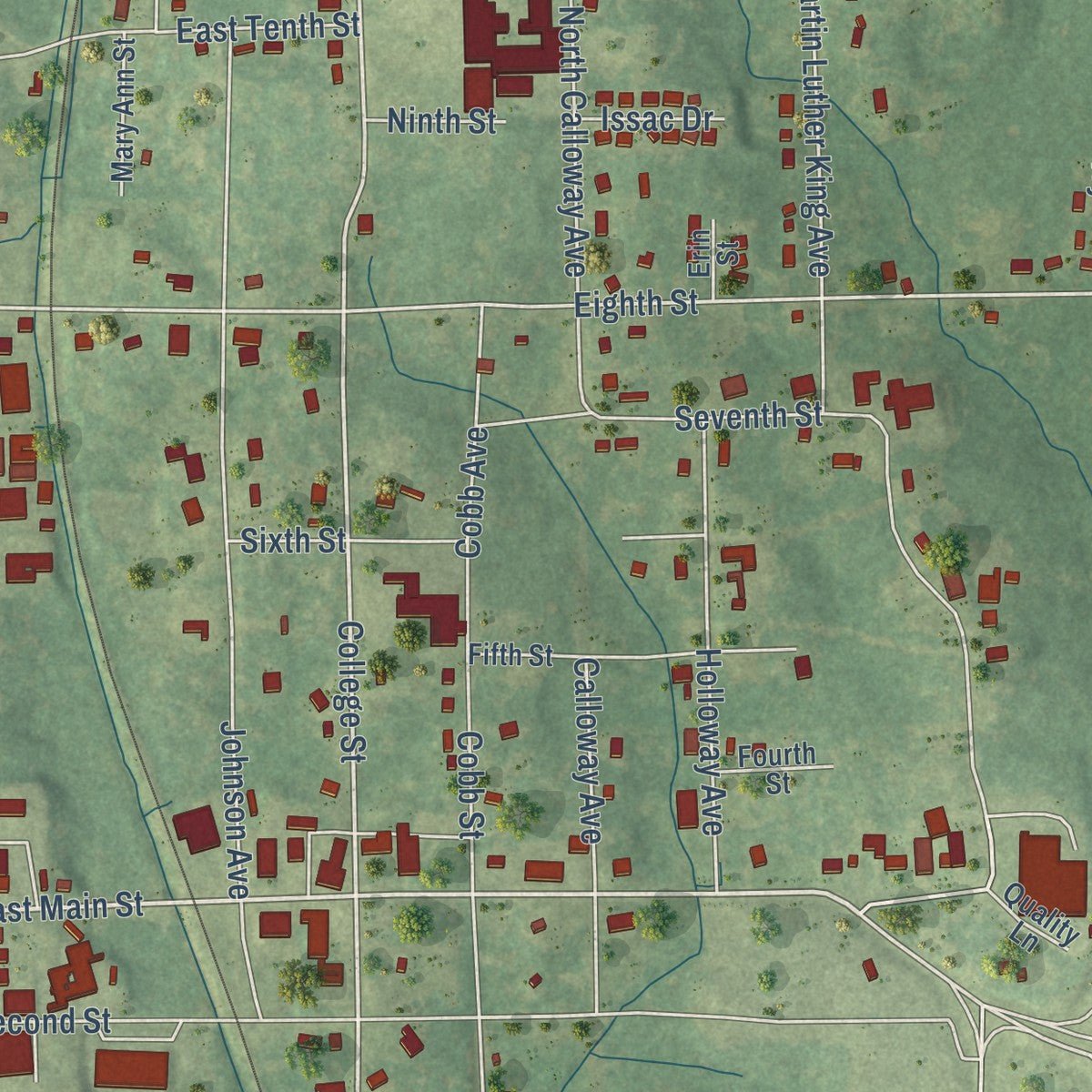 Close-up of the map of Verona, Mississippi print showing street and building detail