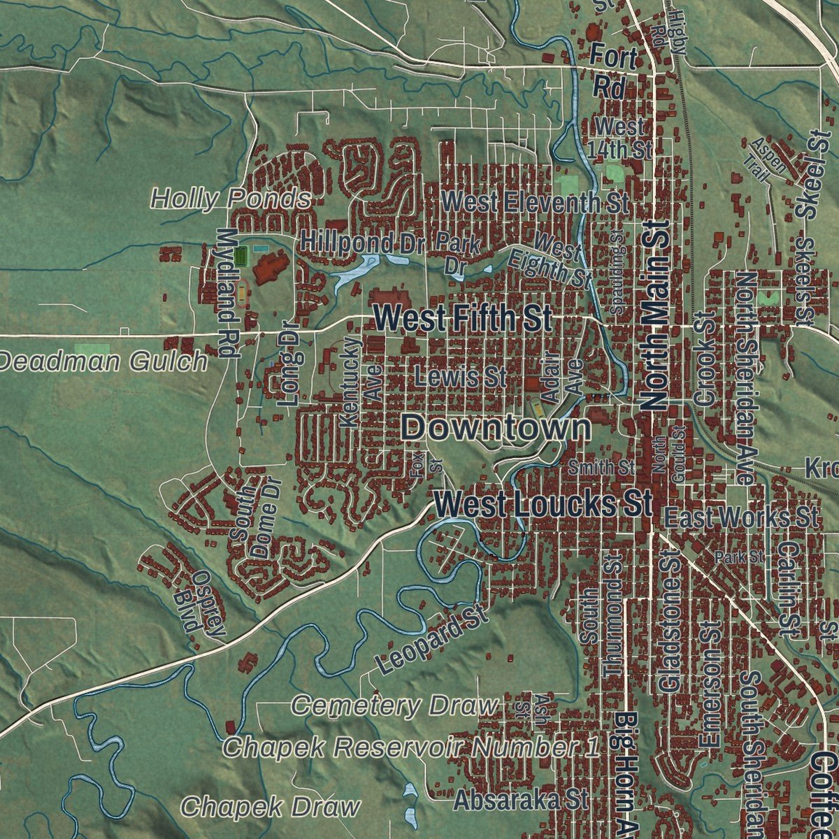 Close-up of the map of Sheridan, Wyoming print showing street and building detail