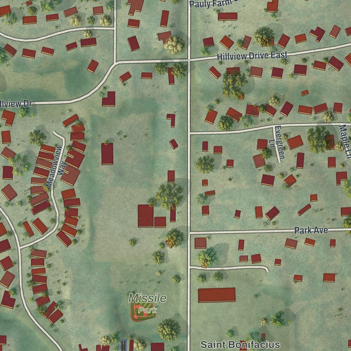 Close-up of the map of St. Bonifacius, Minnesota print showing street and building detail