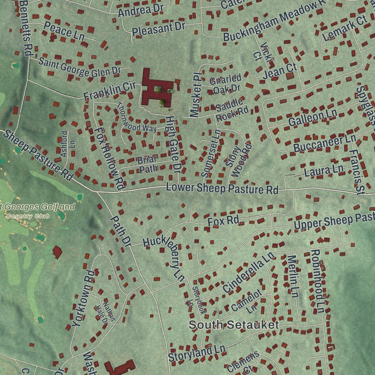 Close-up of the map of East Setauket, New York print showing street and building detail