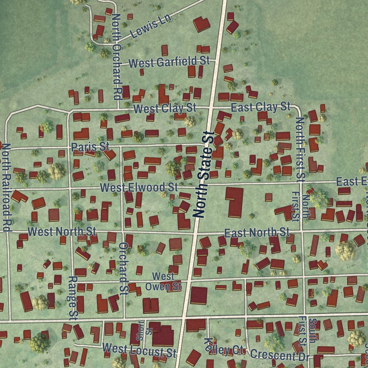 Close-up of the map of Ridge Farm, Illinois print showing street and building detail