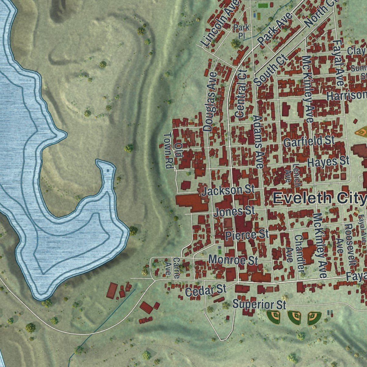 Close-up of the map of Eveleth, Minnesota print showing street and building detail