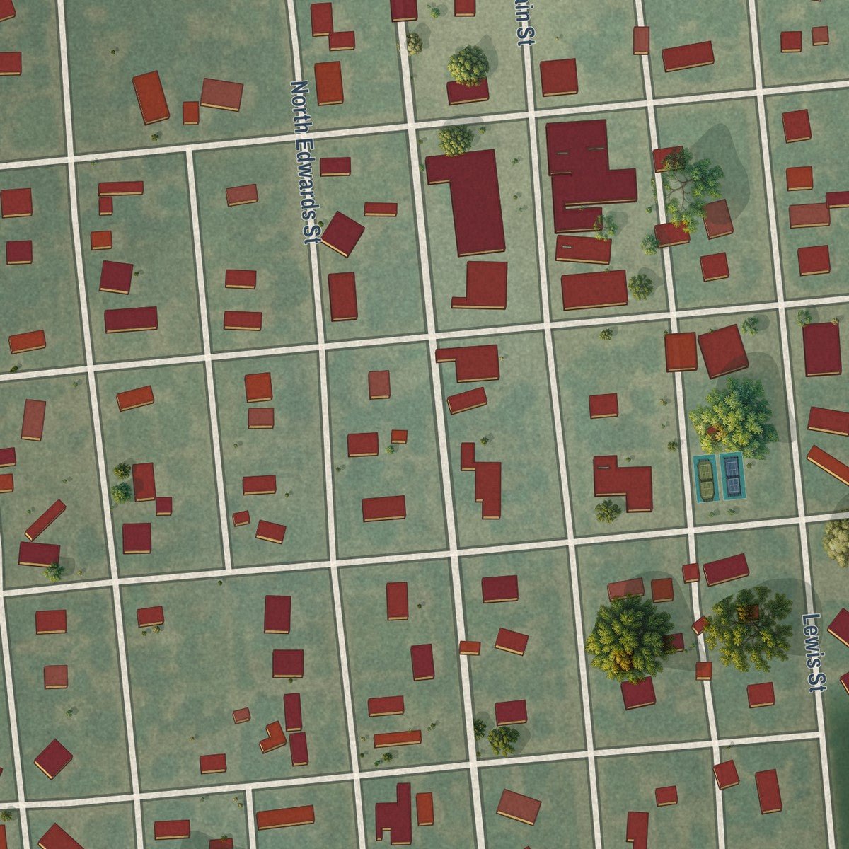 Close-up of the map of Lewis, Kansas print showing street and building detail