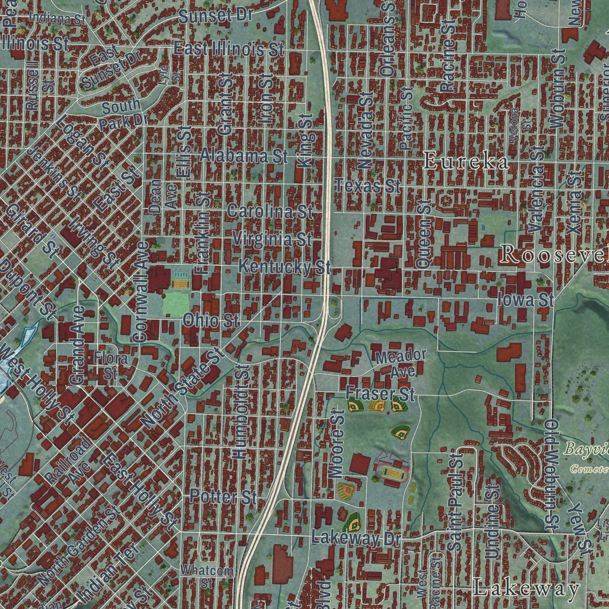 Close-up of the map of Bellingham, Washington print showing street and building detail
