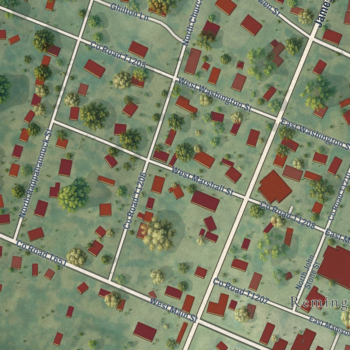 Close-up of the map of Remington, Virginia print showing street and building detail