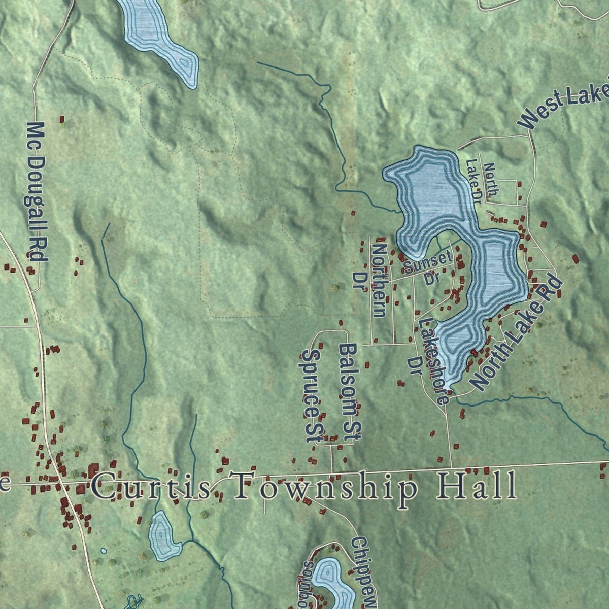 Close-up of the map of Curtis, Michigan print showing street and building detail