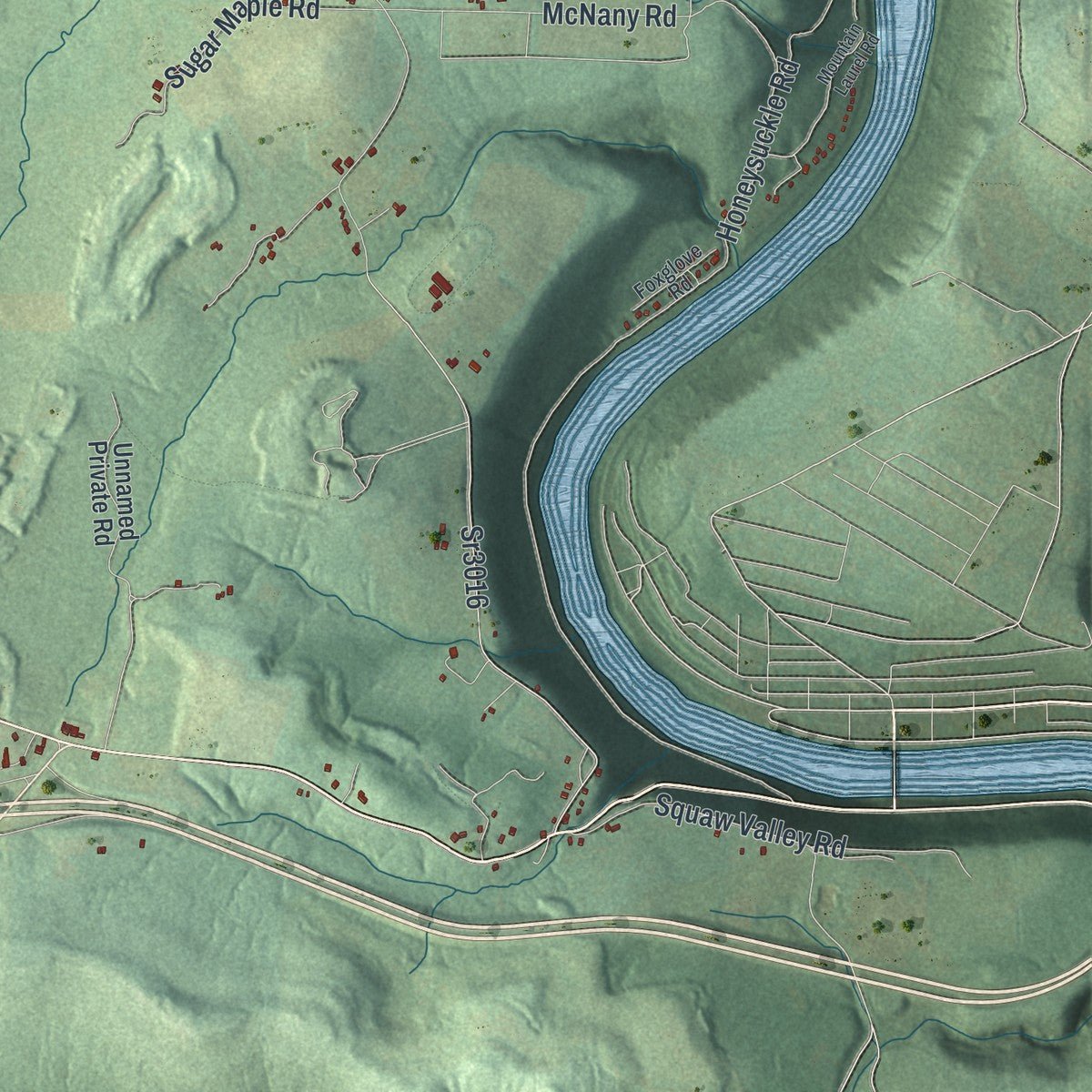 Close-up of the map of Scrubgrass, Pennsylvania print showing street and building detail