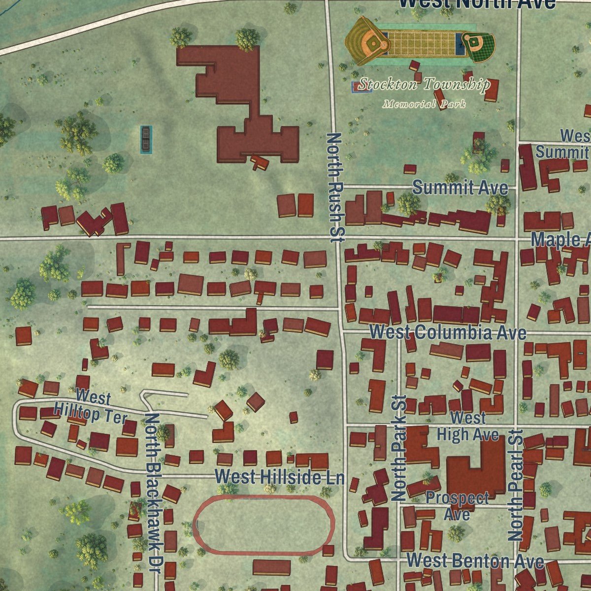 Close-up of the map of Stockton, Illinois print showing street and building detail