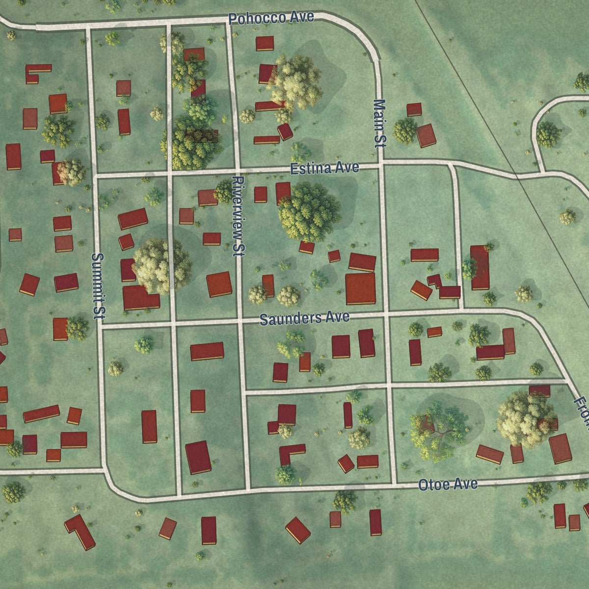 Close-up of the map of Leshara, Nebraska print showing street and building detail