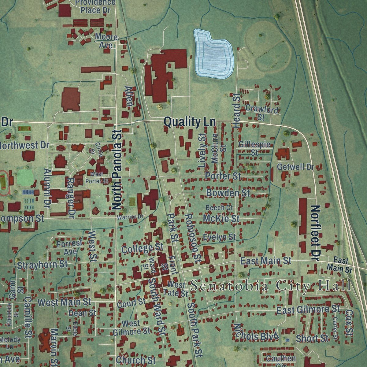Close-up of the map of Senatobia, Mississippi print showing street and building detail