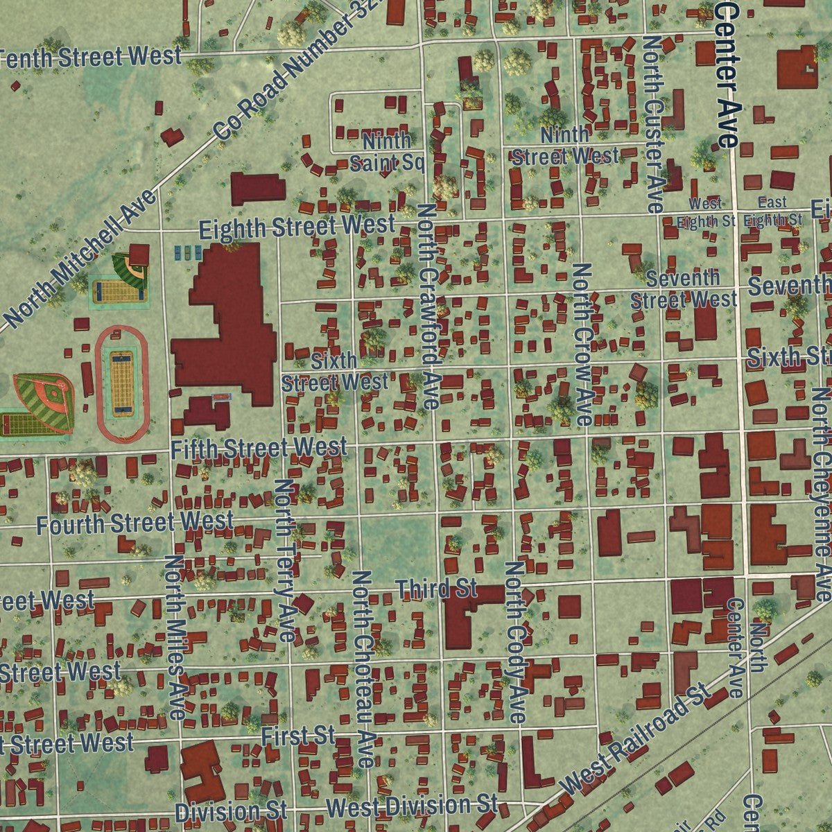 Close-up of the map of Hardin, Montana print showing street and building detail