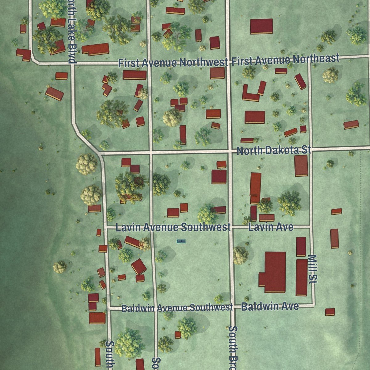 Close-up of the map of Columbia, South Dakota print showing street and building detail