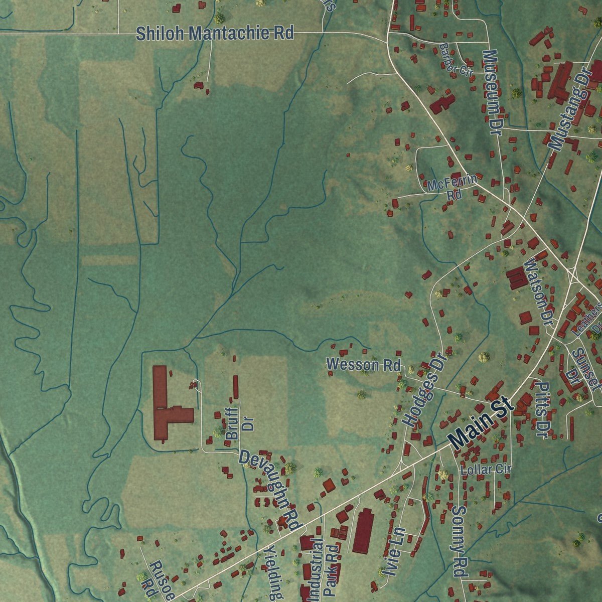 Close-up of the map of Mantachie, Mississippi print showing street and building detail