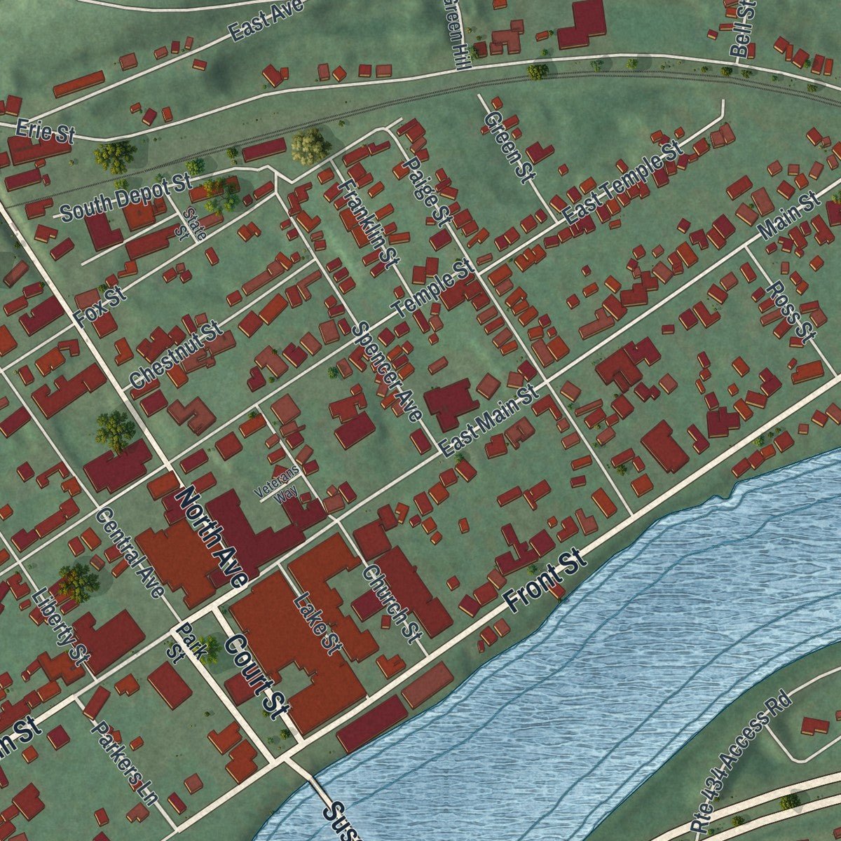 Close-up of the map of the Village of Owego, New York print showing street and building detail