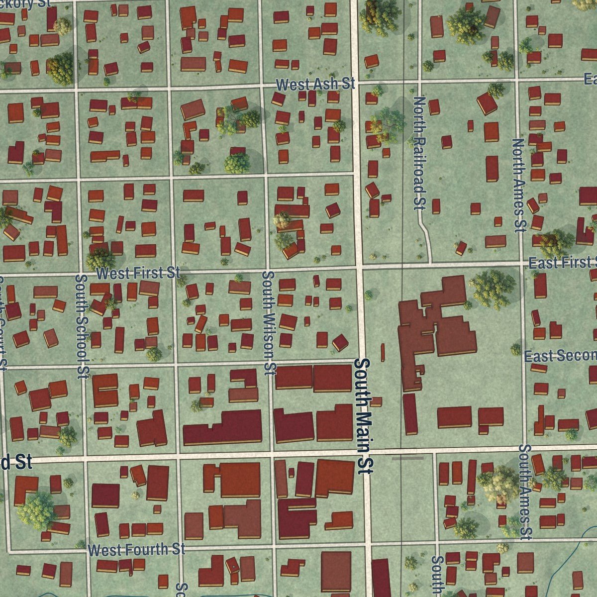 Close-up of the map of Wilber, Nebraska print showing street and building detail