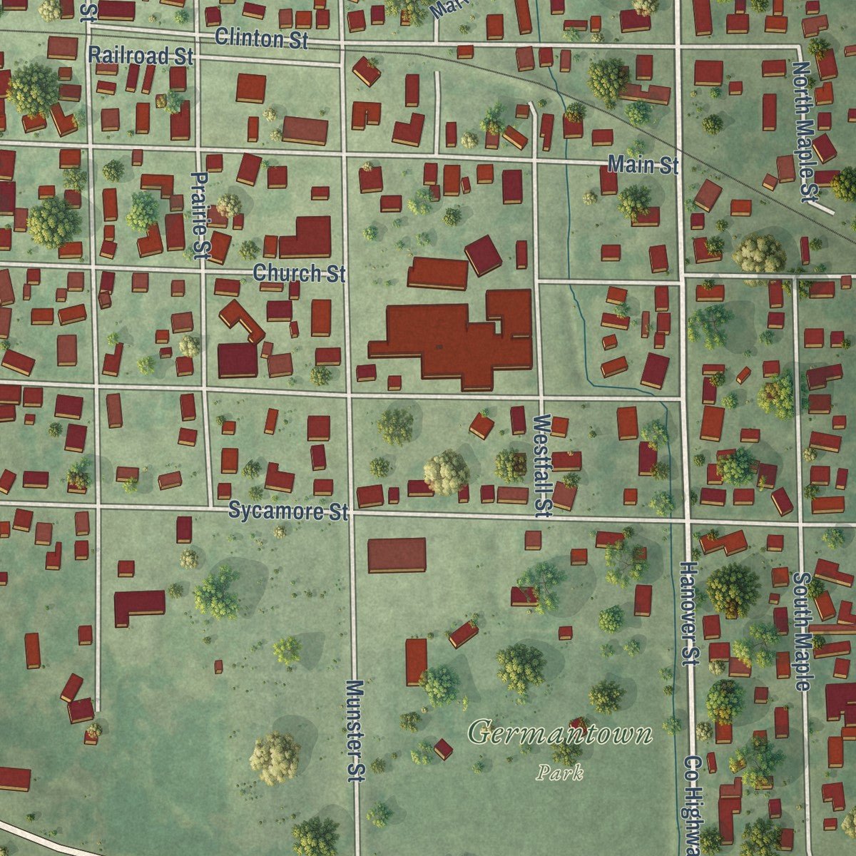 Close-up of the map of Germantown, Illinois print showing street and building detail