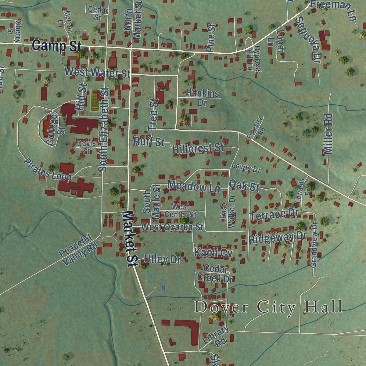 Close-up of the map of Dover, Arkansas print showing street and building detail