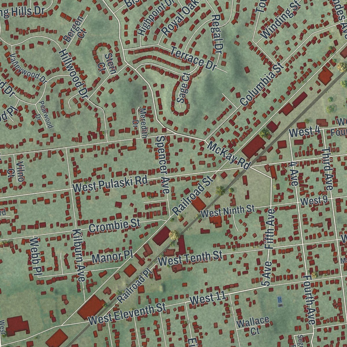 Close-up of the map of Huntington Station, New York print showing street and building detail