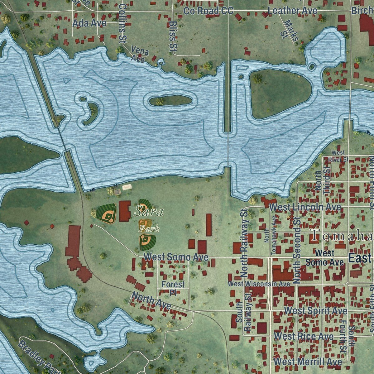 Close-up of the map of Tomahawk, Wisconsin print showing street and building detail