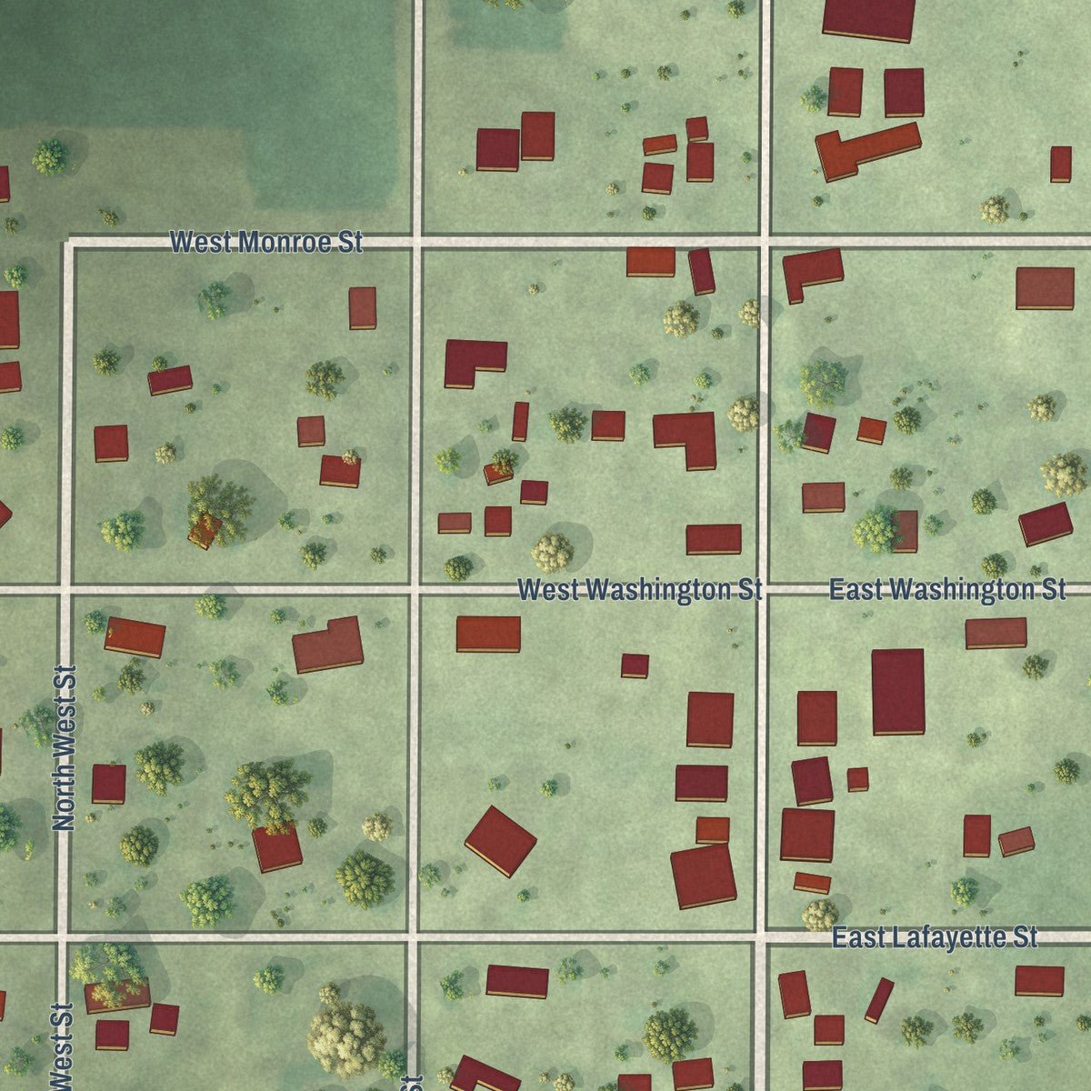 Close-up of the map of Magnolia, Illinois print showing street and building detail