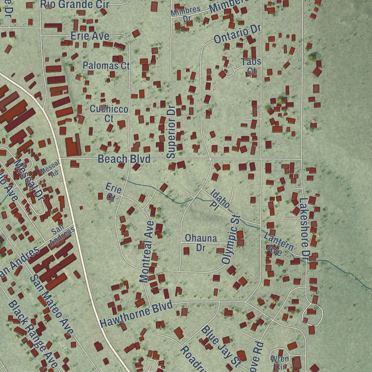 Close-up of the map of Elephant Butte, New Mexico print showing street and building detail