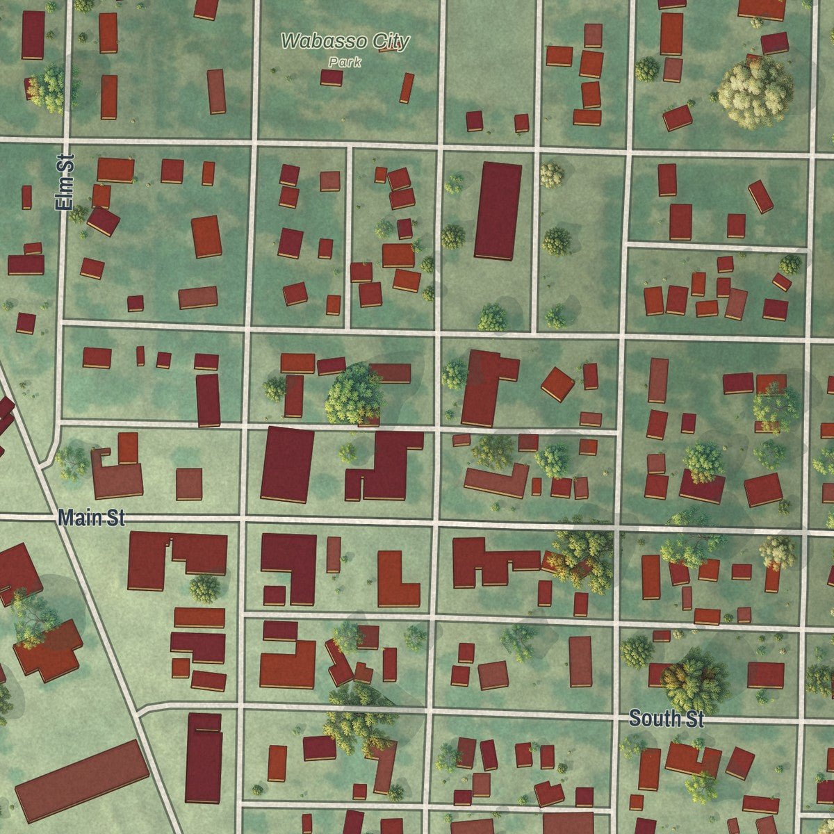 Close-up of the map of Wabasso, Minnesota print showing street and building detail