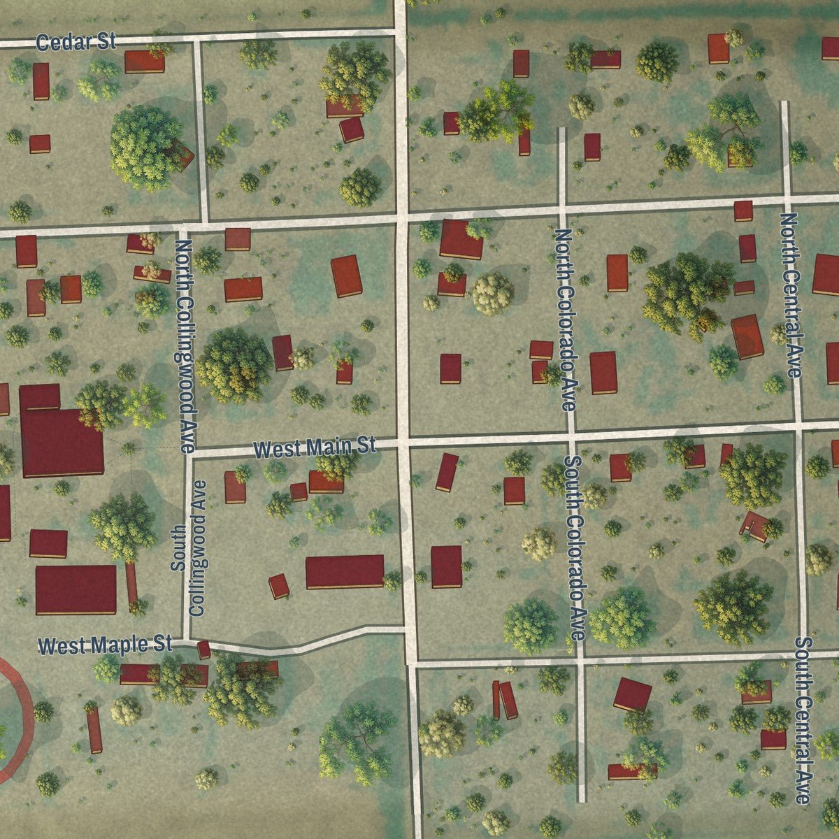 Close-up of the map of Vilas, Colorado print showing street and building detail