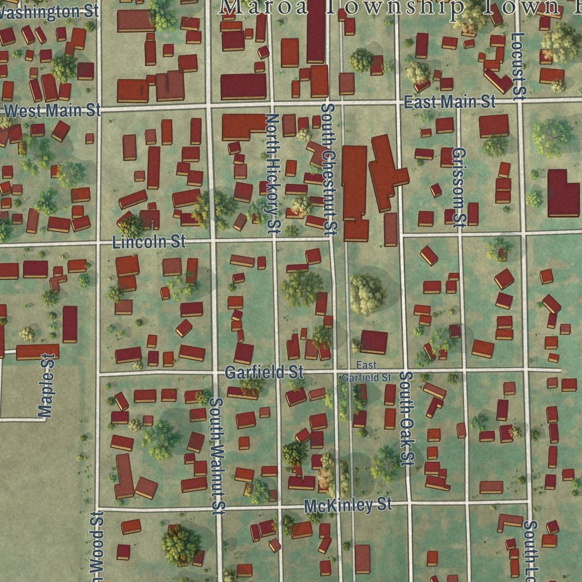 Close-up of the map of Maroa, Illinois print showing street and building detail