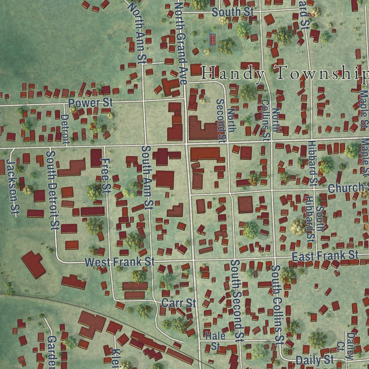 Close-up of the map of Fowlerville, Michigan print showing street and building detail