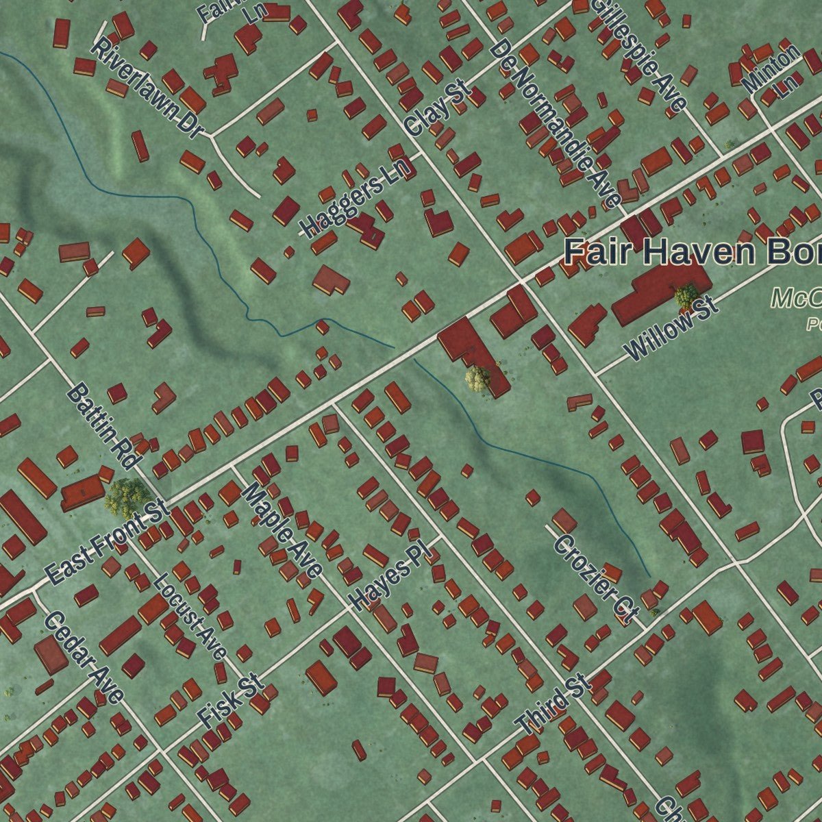 Close-up of the map of Fair Haven, New Jersey print showing street and building detail
