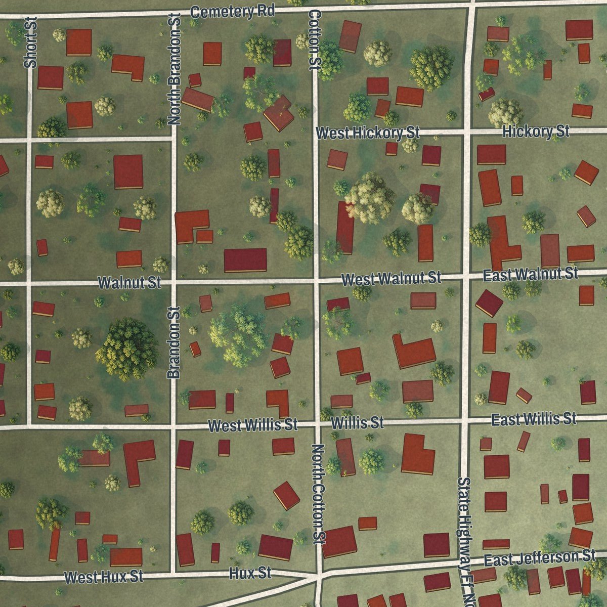 Close-up of the map of Essex, Missouri print showing street and building detail