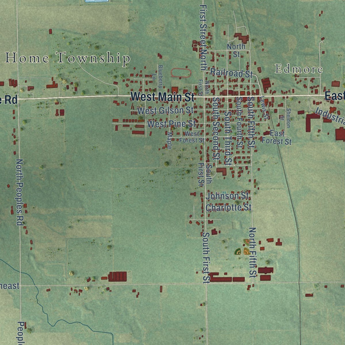 Close-up of the map of Home, Montcalm County, Michigan print showing street and building detail