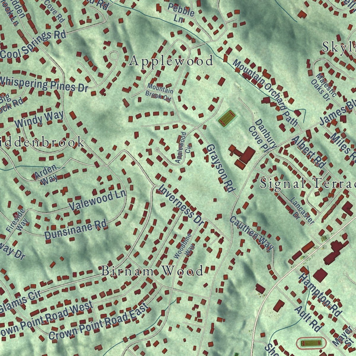 Close-up of the map of Signal Mountain, Tennessee print showing street and building detail