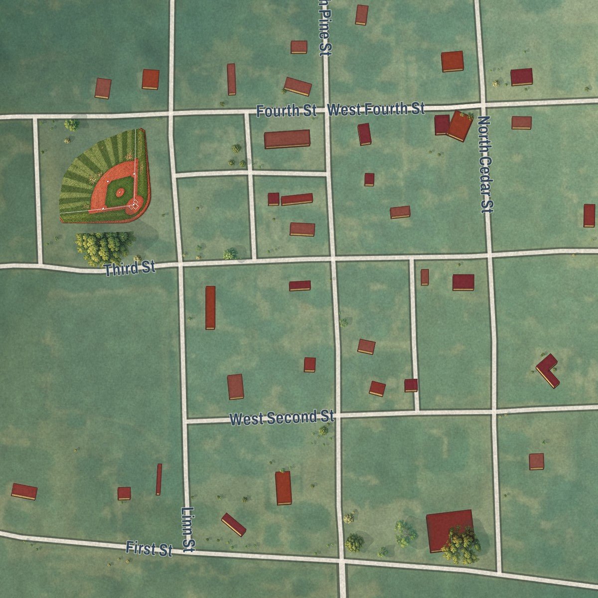 Close-up of the map of Redfield, Kansas print showing street and building detail