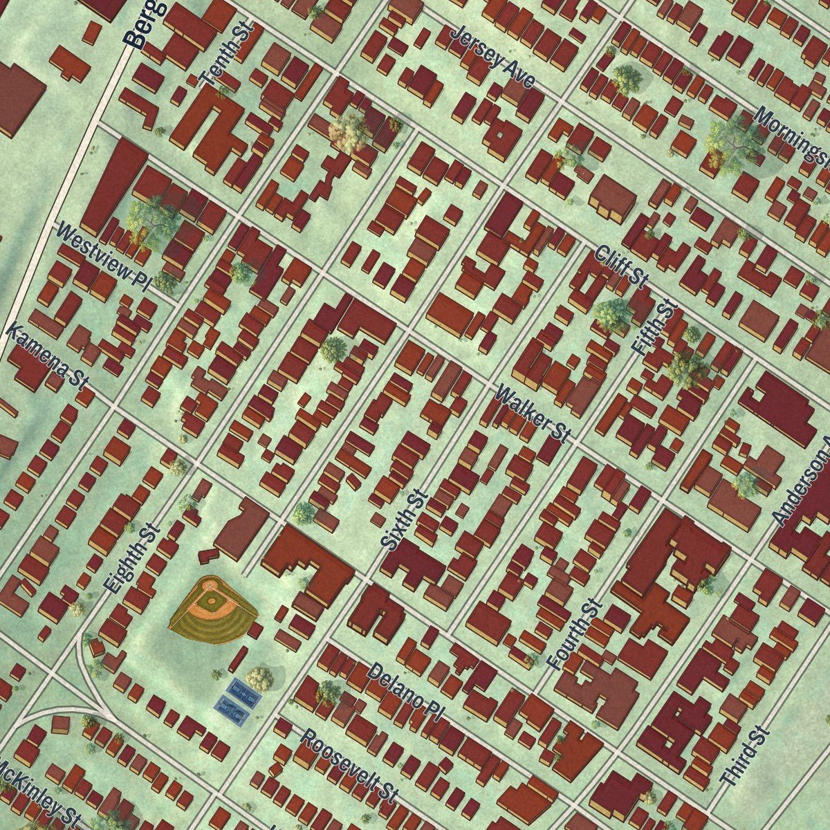 Close-up of the map of Fairview, New Jersey print showing street and building detail