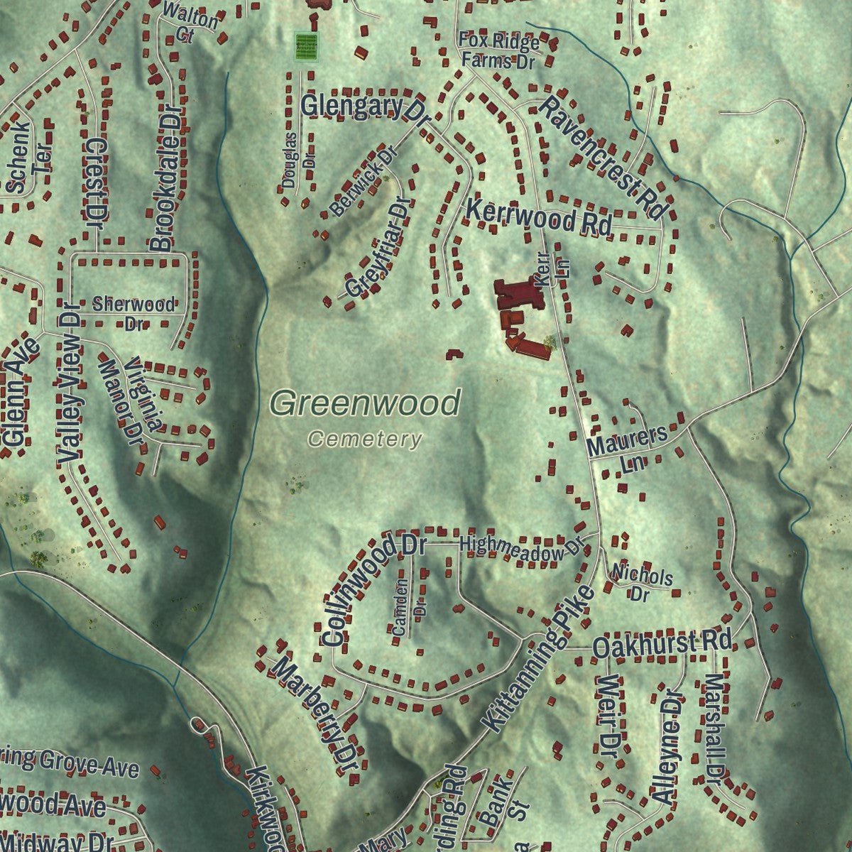 Close-up of the map of O'Hara, Pennsylvania print showing street and building detail