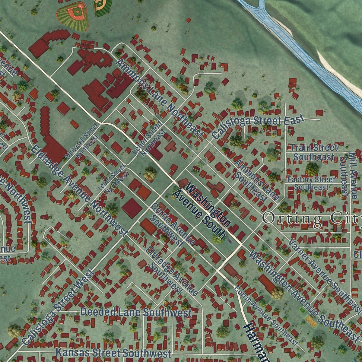 Close-up of the map of Orting, Washington print showing street and building detail