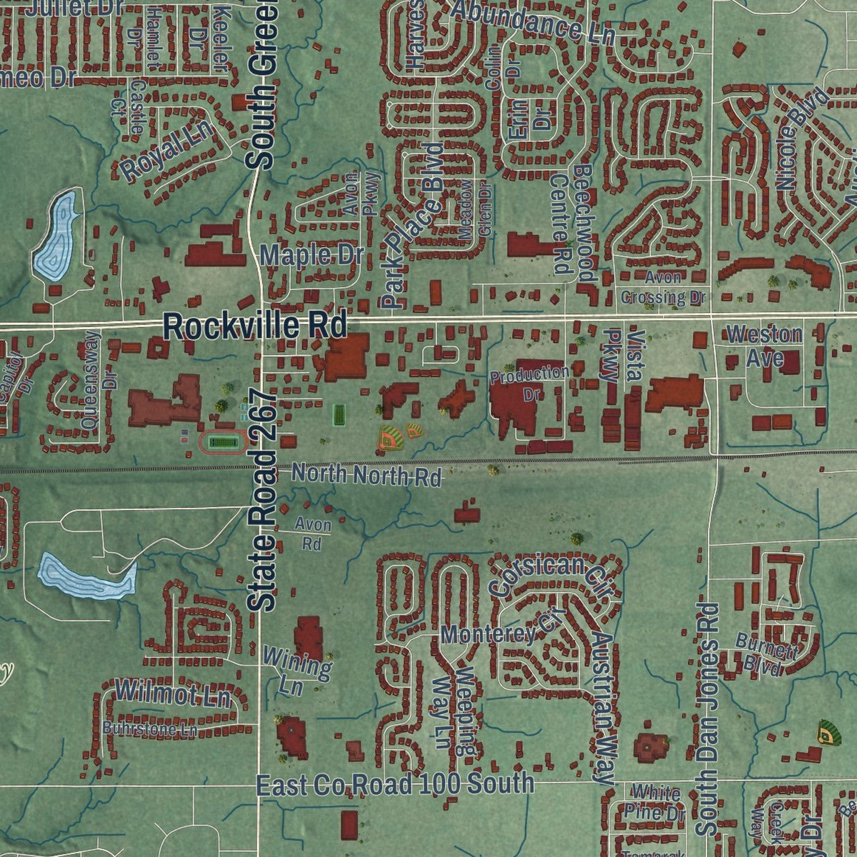 Close-up of the map of Avon, Indiana print showing street and building detail