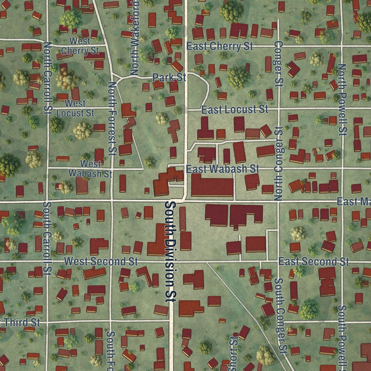 Close-up of the map of Norris City, Illinois print showing street and building detail