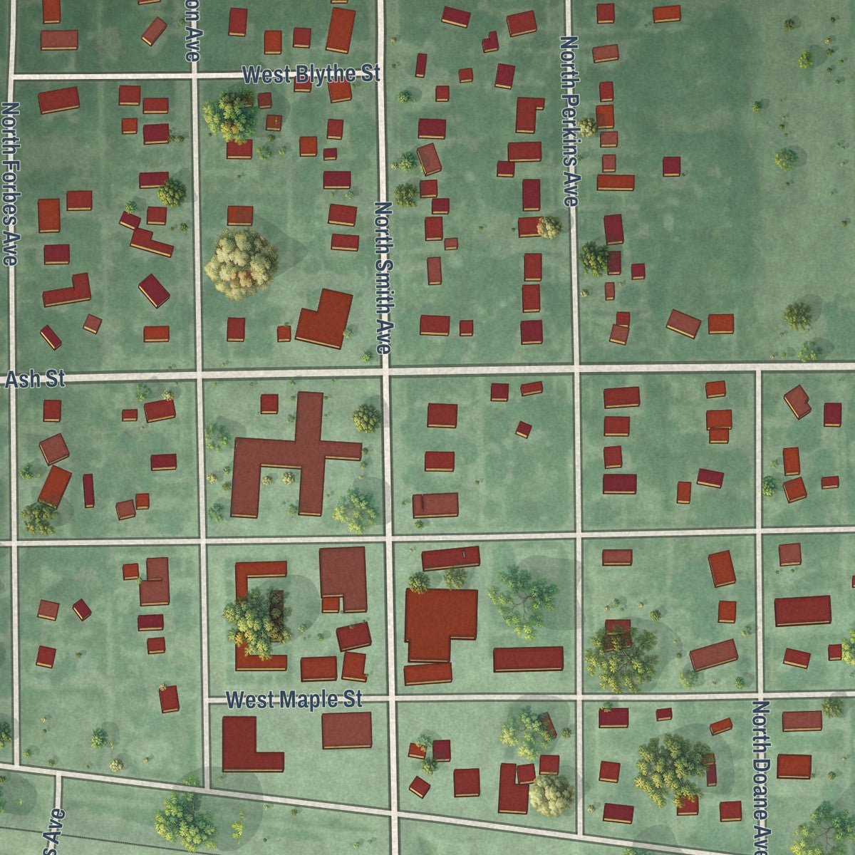 Close-up of the map of Kenesaw, Nebraska print showing street and building detail