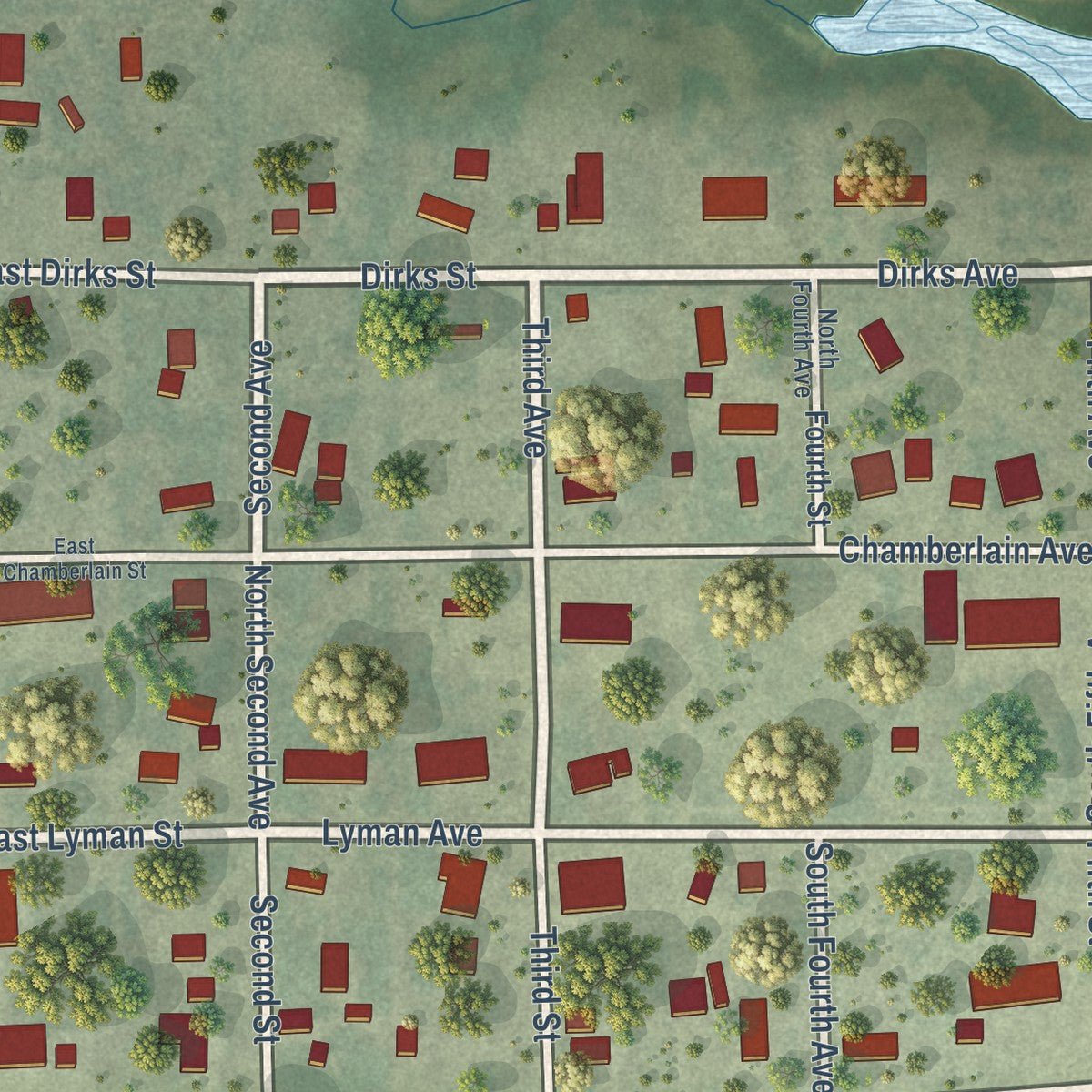 Close-up of the map of Reliance, South Dakota print showing street and building detail