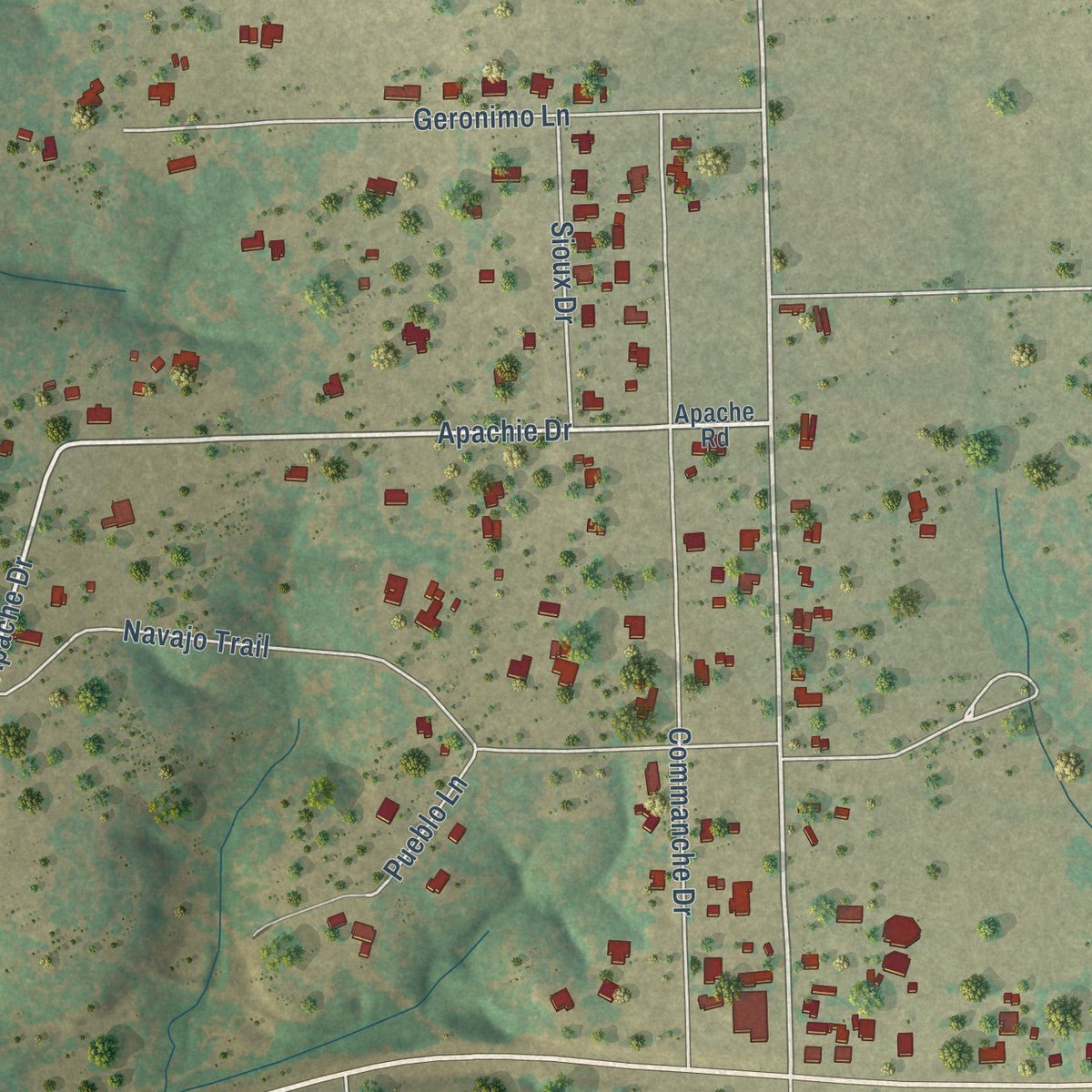 Close-up of the map of South Mountain, Texas print showing street and building detail