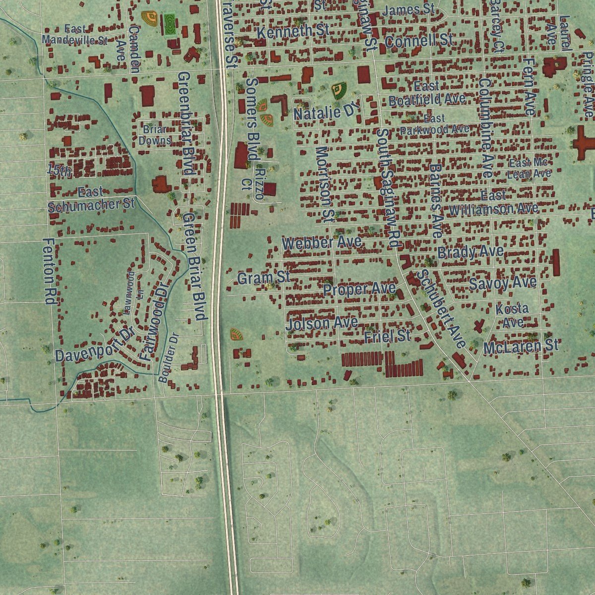 Close-up of the map of Burton, Michigan print showing street and building detail
